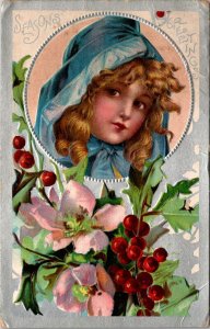 Vintage Christmas Postcard Little Blonde Girl Blue Hood Surrounded by Holly