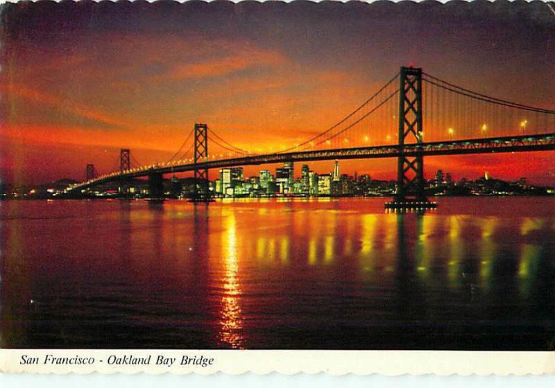 Sunset Oakland Bay Bridge Night Scen Mirror San Francisco CA  Postcard  # 8733