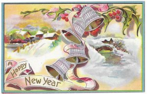 A Happy New Year Bells Holly and Winter Scene Embossed
