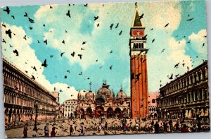 Postcard Italy Venice Piazza of St. Mark and flight pigeons