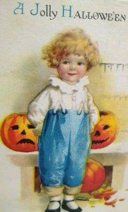 Jolly Halloween Postcard Ellen Clapsaddle Wolf No 1 Child Pumpkins 1920 Vintage