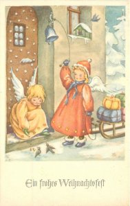 Postcard 1950s Happy New Year Girl Children Angels Gifts 23-2430