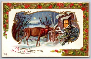 Christmas~Reindeer In Red Bow & Bell Looks In Window At Night~Gold~Holly~NASH