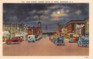 ANDERSON, SC  South Carolina  MAIN STREET SCENE Carolina & Cars c1940's Postcard