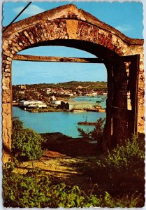 VINTAGE CONTINENTAL SIZE POSTCARD ST. JOHN'S THROUGH RAT ISLAND GATE ANTIGUA BWI