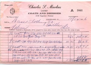 1936 CHARLES S MARKUS LADIES COATS-DRESSES CLEVELAND OHIO BILLHEAD INVOICE Z1392