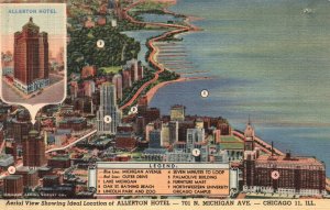 Vintage Postcard Aerial View Showing Ideal Location Of Allerton Hotel Chicago IL