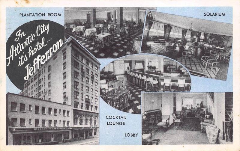Atlantic City New Jersey 1950 Postcard Hotel Jefferson Cocktail Lounge Lobby