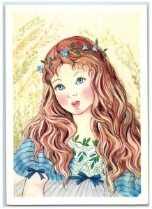 c1910's Pretty Woman Brown Curly Long Hair Flowers Crown Antique Postcard 