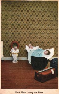 Vintage Postcard Family Bedtime Funny Mother Father & Baby Now Then Hurry