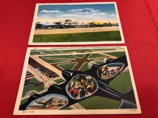 2 postcards 1940 CHICAGO MUNICIPAL AIRPORT 63rd & Cicero one of busiest in world