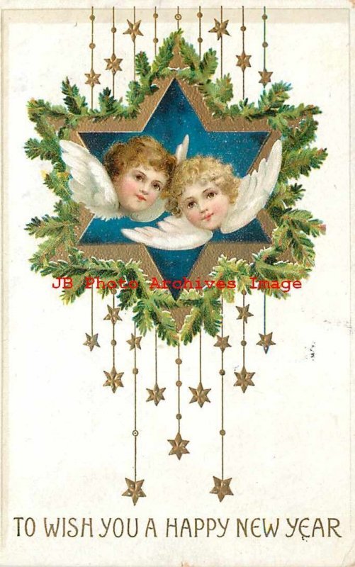 New Year, IAP No IAP06-1, Clapsaddle, Angel Heads Flying Through Star Wreath 