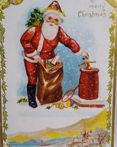 Santa Claus Christmas Postcard 1907 Toy Dolls Village Church Germany Embossed