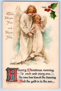 1907 Christmas Message Angels Holly Berries Greenfield Massachusetts MA Postcard