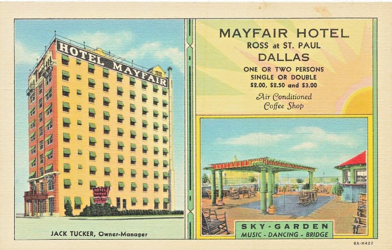 DALLAS TX TEXAS~MAYFAIR HOTEL-SKY GARDEN-RATES $2-3-1940s VINTAGE POSTCARD