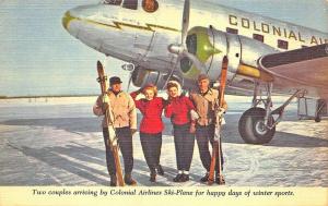 Colonial Airlines Ski-Plane Landing in Airplane For Winter Sports Linen Postcard