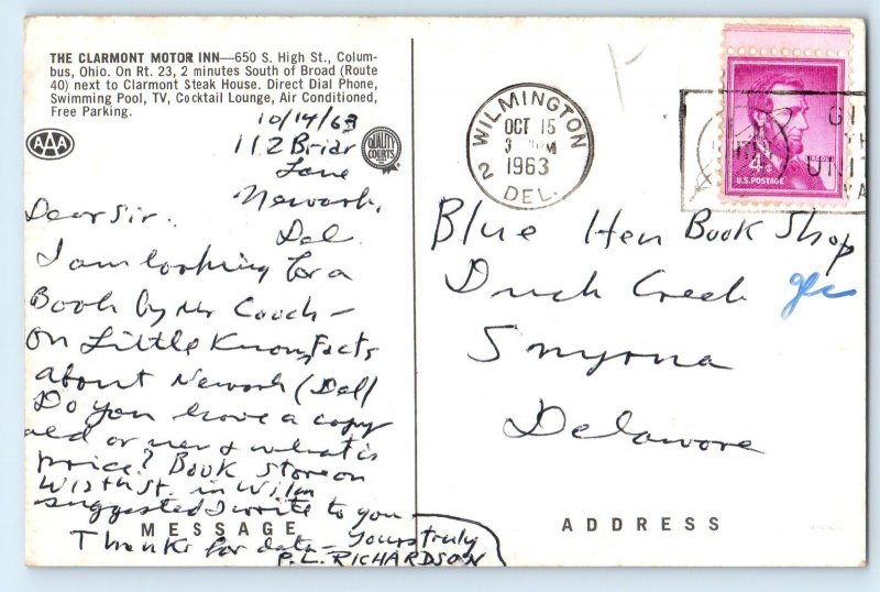 1963 Columbus Ohio Vintage Postcard Clarmont Motor Inn High St. Building Posted
