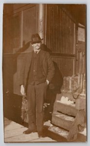 RPPC Dapper Dude Posing at Steps to Train Car c1908 Postcard G21