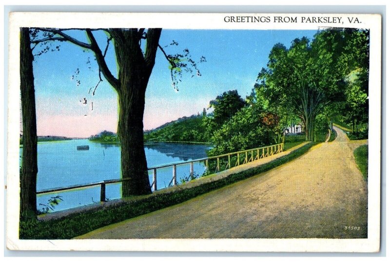 c1920 Scenic Road Street Lake Trees Greetings From Parksley Virginia VA Postcard