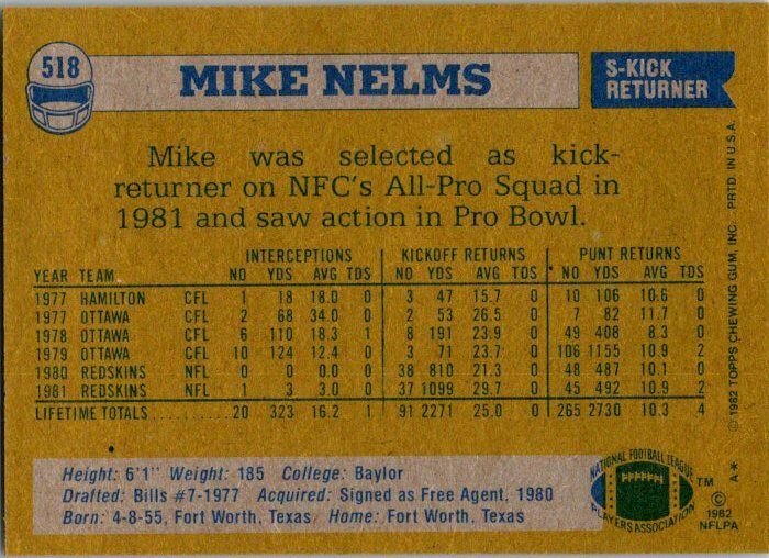 1982 Topps Football Card Mike Nelms Washington Redskins sk8971