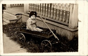 RPPC Adorable Child In Huber Wagon Pull Cart Toy Real Photo c1910 Postcard V19
