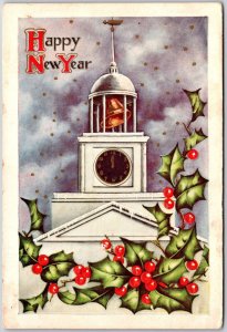 Happy New Year Holy Leaf Cherry Bell & Stars Holiday Greetings Posted Postcard