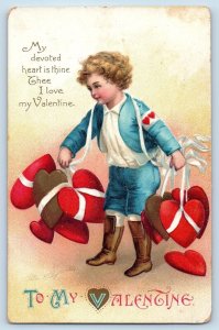 Valentine Postcard Little Boy With Flowers Embossed Sardinia Indiana IN 1915