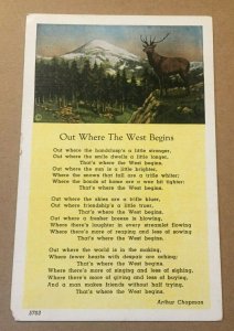 VINTAGE UNUSED PENNY LINEN POSTCARD OUT WHERE THE WEST BEGINS