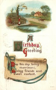 Vintage Postcard 1916 A Birthday Greeting Landscape Hometown Farmland Note