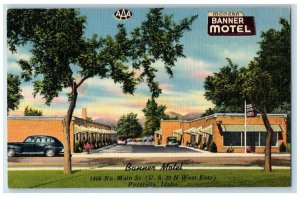 Pocatello Idaho Postcard Banner Motel Exterior Building Classic Car Trees c1940