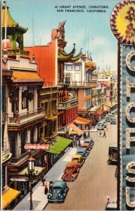 Grant Ave Chinatown San Francisco California CA Linen Postcard VTG UNP Vintage 