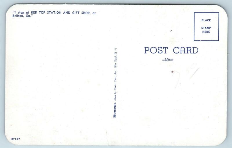 Postcard GA Bellton Red Top Station Roadside Souvenirs Cider Gas Pumps c1950s S3