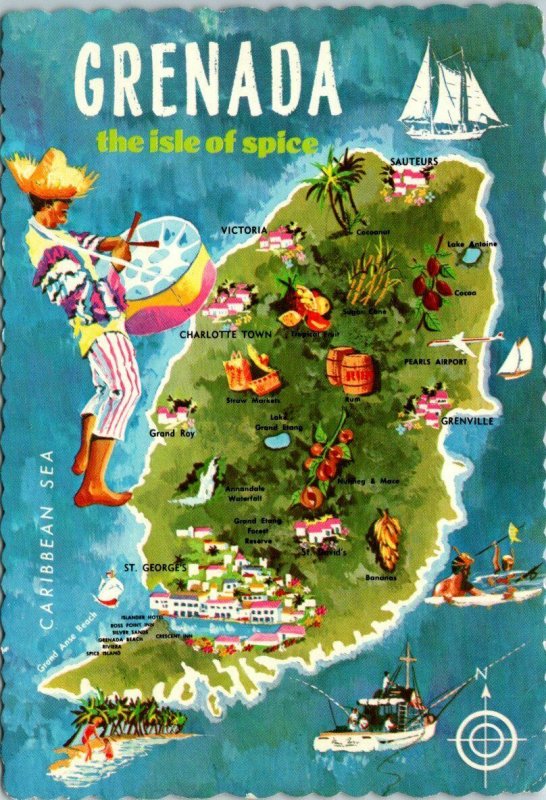 VINTAGE CONTINENTAL SIZE POSTCARD ANIMATED MAP OF GRENADA THE ISLE OF SPICE 1977