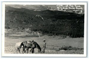 1956 Paradise Dude Ranch Horse Cowgirl Mountain Buffalo WY RPPC Photo Postcard