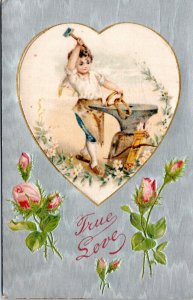 Postcard Romance - Cupid hammering old rings on anvil embossed silver flowers