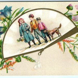 c1880s Stock Victorian Trade Card Blank No Advertising Hand Fan Child Dog C20