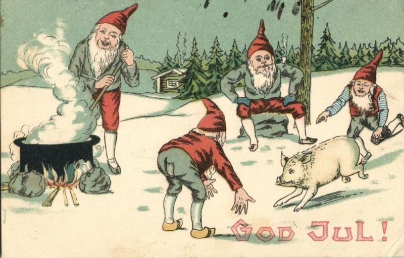 GOD JUL!, Swedish Christmas Postcard, Gnomes catching Pigs for Dinner (1909)