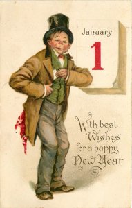 Tuck New Year Postcard 12 Frances Brundage Man in Top Hat Takes Card from Pocket