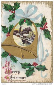 A Merry Chrsitmas, Winter scene on a gold ringing bell from blue ribbon, holl...