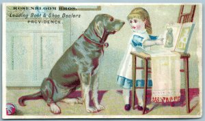 GIRL w/ DOG BOOT & SHOE DEALER ANTIQUE ADVERTISING VICTORIAN TRADE CARD