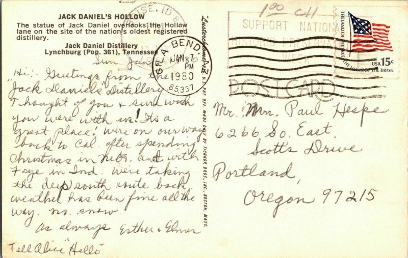 Jack Daniel’s Hollow Gila Bend AZ Postcard Lynchburg Tennessee Vintage WOB Note 