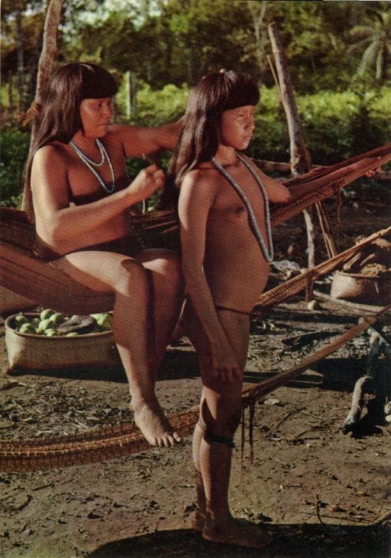 brazil, Xingu Native Indians, Iaualapiti doing Hair, Tuatuari (1980s) Postcard