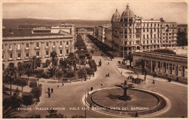 Vintage Postcard Foggia Piazza Cavour Vialr XXIV Maggio Vista Del Gargano Italy