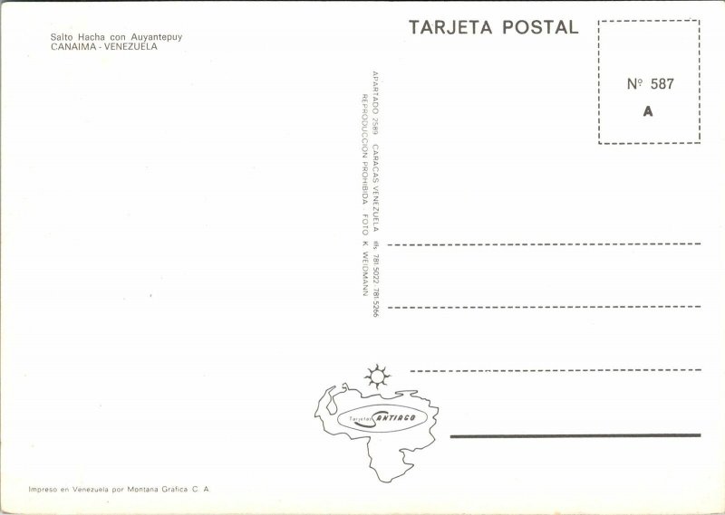 CONTINENTAL SIZE POSTCARD SALTO HACHA CON AUYANTEPUY CANAIMA VENEZUELA