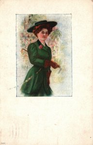 Vintage Postcard 1910 Portrait Beautiful Victorian Woman Curly Short Hair w/ Hat