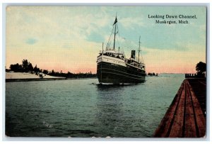 1914 Looking Down Channel Steamer Ship Muskegon Michigan MI Antique Postcard