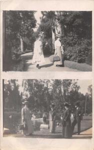 WOMEN IN FULL STYLISH ATTIRE & HATS IN DOUBLE IMAGE REAL PHOTO POSTCARD c1910s