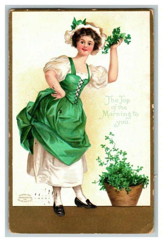 c.1909 Lovely Lady Green Dress Vintage Embossed St. Patrick's Day Postcard P10