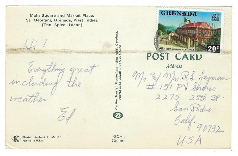 Circa 1975 Grenada To USA Post Card (MM43)