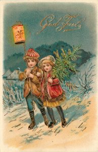 Embossed Norway Christmas Postcard Children God Jul Children & Japanese Lantern